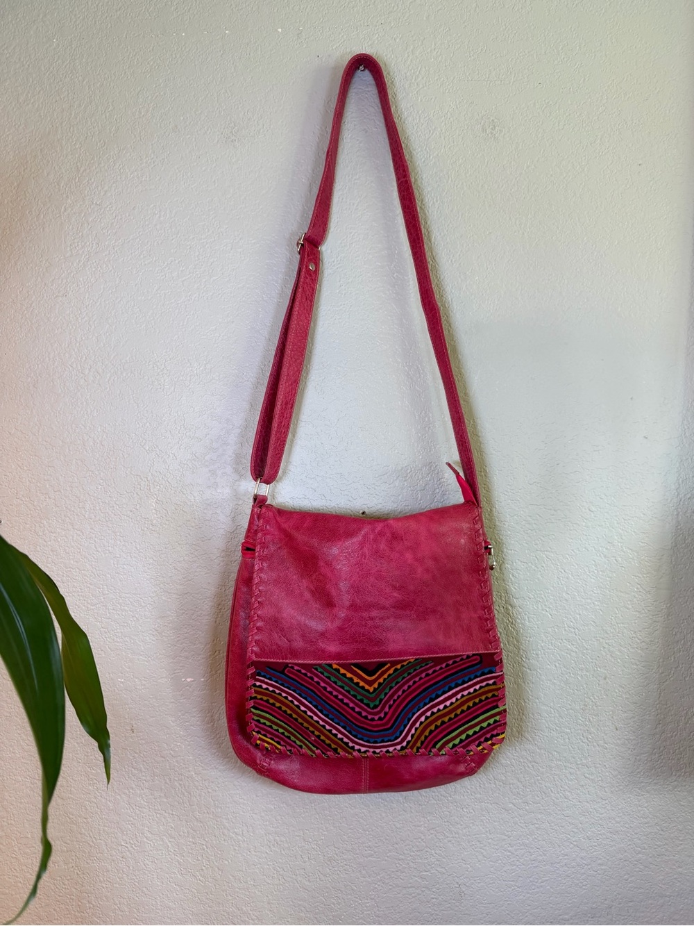 Vintage Red Colombian Leather Woven Magnetic Snap Front Crossbody Bohemian Bag